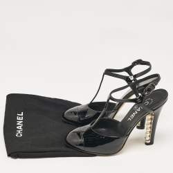 Pre Owned Chanel Black Patent Leather CC Faux Pearl Heel T-Strap Pumps Size 36.5