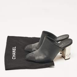 Chanel Black Leather and Fabric Cap Toe CC Mules Size 36
