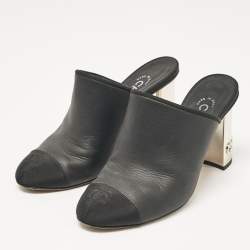 Chanel Black Leather and Fabric Cap Toe CC Mules Size 36