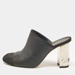 Chanel Black Leather and Fabric Cap Toe CC Mules Size 36