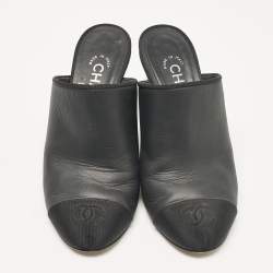 Chanel Black Leather and Fabric Cap Toe CC Mules Size 36