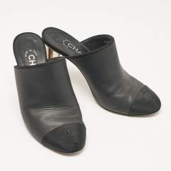 Chanel Black Leather and Fabric Cap Toe CC Mules Size 36