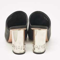 Chanel Black Leather and Fabric Cap Toe CC Mules Size 36