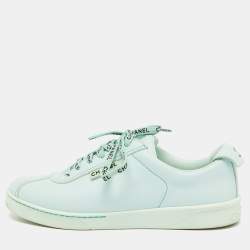 Pre Owned Chanel Pastel Green Leather CC Low Top Sneakers Size 39