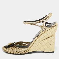 Chanel Gold Leather Camelia Ankle Strap Wedge Sandals Size 40