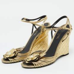 Chanel Gold Leather Camelia Ankle Strap Wedge Sandals Size 40