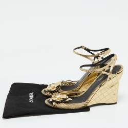 Chanel Gold Leather Camelia Ankle Strap Wedge Sandals Size 40