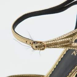 Chanel Gold Leather Camelia Ankle Strap Wedge Sandals Size 40