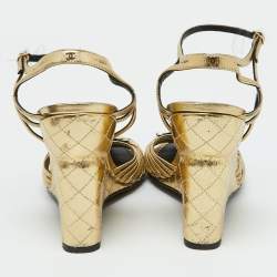 Chanel Gold Leather Camelia Ankle Strap Wedge Sandals Size 40