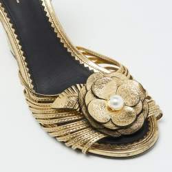 Chanel Gold Leather Camelia Ankle Strap Wedge Sandals Size 40