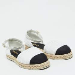 Chanel White/Black Crochet CC Ankle Strap Espadrille Sandals Size 40