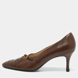 Pre Owned Chanel Brown Leather CC Cap Toe Pumps Size 39.5