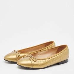Pre Owned Chanel Gold Quilted Leather CC Cap Toe Ballet Flats Size 36