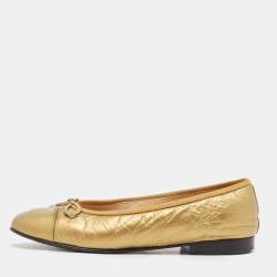 Pre Owned Chanel Gold Quilted Leather CC Cap Toe Ballet Flats Size 36