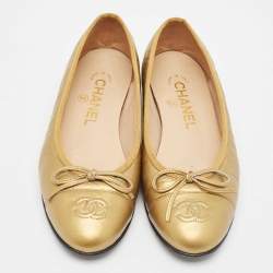 Pre Owned Chanel Gold Quilted Leather CC Cap Toe Ballet Flats Size 36