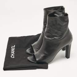 Chanel Black Leather CC Open Toe  Ankle Length Boots Size 36.5