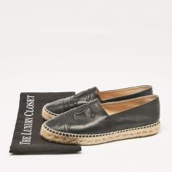 Pre Owned Chanel Black Leather CC Cap Toe Slip On Espadrille Flats Size 39
