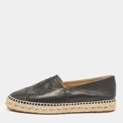 Pre Owned Chanel Black Leather CC Cap Toe Slip On Espadrille Flats Size 39