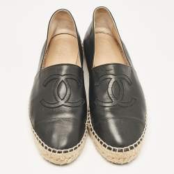 Pre Owned Chanel Black Leather CC Cap Toe Slip On Espadrille Flats Size 39