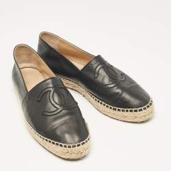 Pre Owned Chanel Black Leather CC Cap Toe Slip On Espadrille Flats Size 39