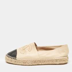 Pre Owned Chanel Beige/Black Leather CC Cap Toe Espadrille Flats Size 39