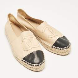 Pre Owned Chanel Beige/Black Leather CC Cap Toe Espadrille Flats Size 39
