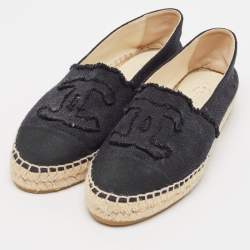 Pre Owned Chanel Black Canvas CC Cap Toe Slip On Espadrille Flats Size 39
