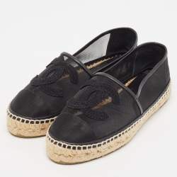 Pre Owned Chanel Black Mesh and Leather CC Espadrille Flats Size 36