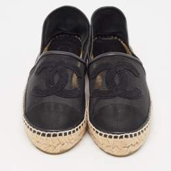 Pre Owned Chanel Black Mesh and Leather CC Espadrille Flats Size 36