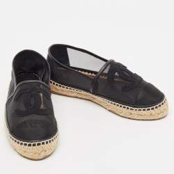 Pre Owned Chanel Black Mesh and Leather CC Espadrille Flats Size 36