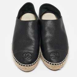 Pre Owned Chanel Black Leather CC Espadrille Flats Size 38