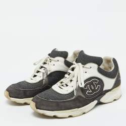 Pre Owned Chanel Grey/White Denim, Suede and Leather CC Low Top Sneakers Size 39