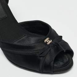 Pre Owned Chanel Black Satin CC Crystal Embellished Peep Toe Pumps Size 37