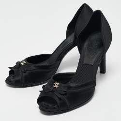 Pre Owned Chanel Black Satin CC Crystal Embellished Peep Toe Pumps Size 37