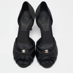 Pre Owned Chanel Black Satin CC Crystal Embellished Peep Toe Pumps Size 37