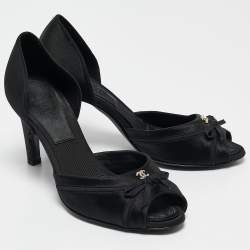 Pre Owned Chanel Black Satin CC Crystal Embellished Peep Toe Pumps Size 37