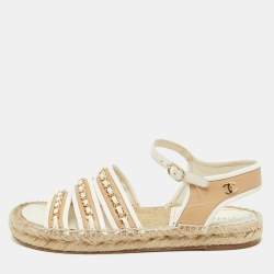Chanel Beige/White Leather CC Chain Link Strappy Espadrille Sandals Size 39