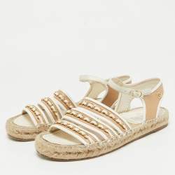 Chanel Beige/White Leather CC Chain Link Strappy Espadrille Sandals Size 39