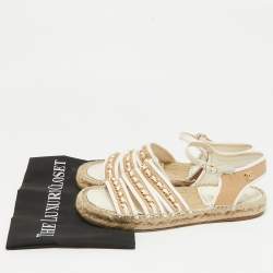 Chanel Beige/White Leather CC Chain Link Strappy Espadrille Sandals Size 39