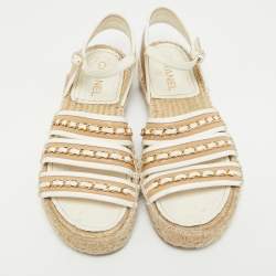 Chanel Beige/White Leather CC Chain Link Strappy Espadrille Sandals Size 39