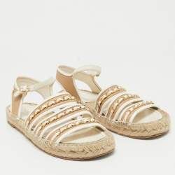 Chanel Beige/White Leather CC Chain Link Strappy Espadrille Sandals Size 39