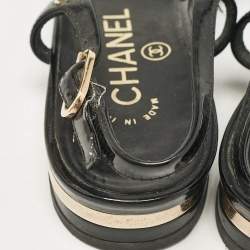 Pre Owned Chanel Black Patent Leather CC Slingback Flats Size 36
