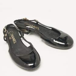 Pre Owned Chanel Black Patent Leather CC Slingback Flats Size 36