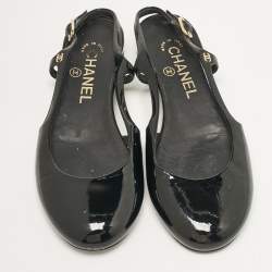 Pre Owned Chanel Black Patent Leather CC Slingback Flats Size 36