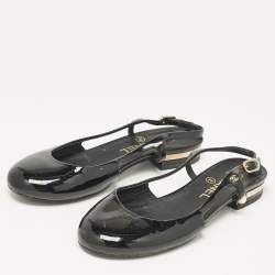 Pre Owned Chanel Black Patent Leather CC Slingback Flats Size 36