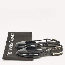 Pre Owned Chanel Black Patent Leather CC Slingback Flats Size 36
