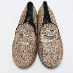 Chanel Multicolor Metallic Fabric CC Smoking Slippers Size 38.5
