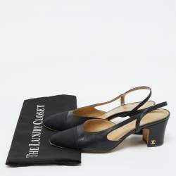 Chanel Black Leather and Fabric CC Cap Toe Slingback Pumps Size 38