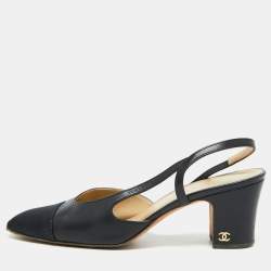 Chanel Black Leather and Fabric CC Cap Toe Slingback Pumps Size 38