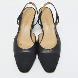Chanel Black Leather and Fabric CC Cap Toe Slingback Pumps Size 38
